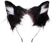 Haarband con orecchie animali per cosplay, confezionato a mano con tessuto in imitazione di pelliccia: orecchie di gatto, volpe, lupo e cane - orecchie di gatto nero e bianco