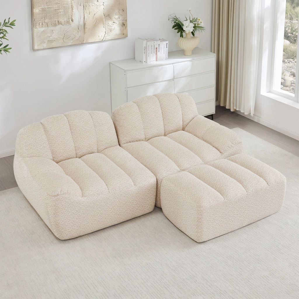 Divano angolare modulare senza struttura con pouf, seduta profonda in fleece beige bianco 210 × 165 × 79 cm