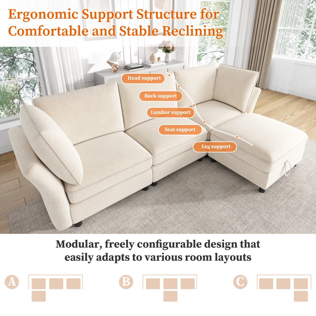 Divano angolare modulare 4 posti con pouf contenitore e seduta morbida in chenille beige per soggiorno