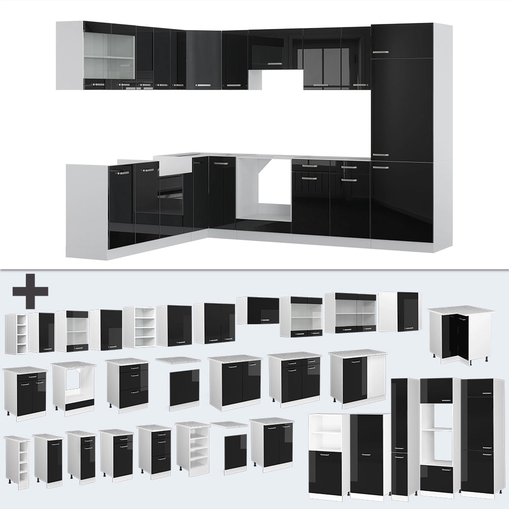 Vicco Cucina angolare completa Nero lucido 227 x 287 cm senza piano di lavoro