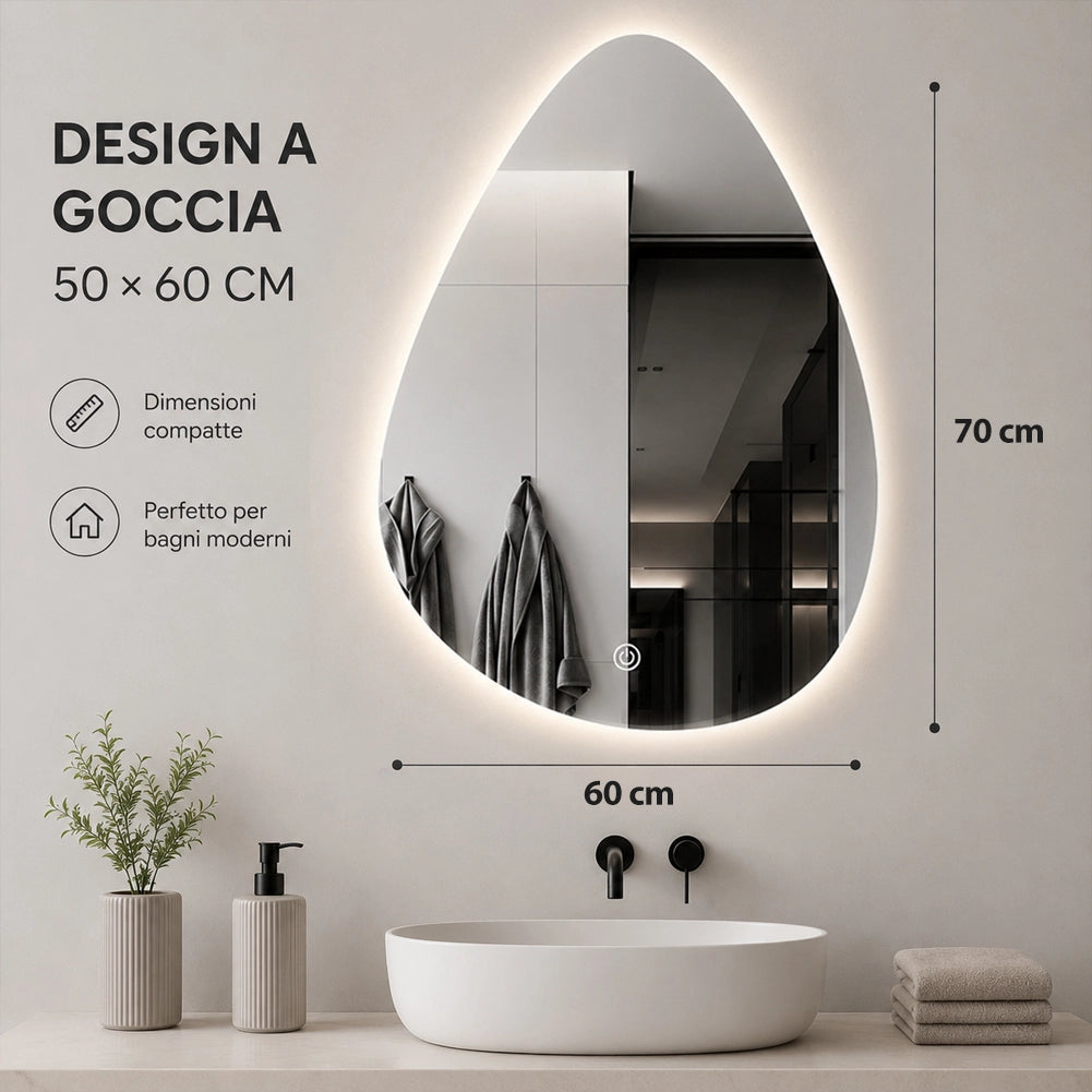 Specchio a Goccia 60x70 cm LED a 3 Colori Dimmerabile Accensione Touch