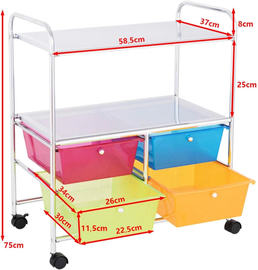 Carrello con 4 Cassetti e 2 Ripiani, Carrello Portaoggetti con Ruote per Cucina Bagno Ufficio, Multiuso, 58,5x37x75 cm (Colorato)