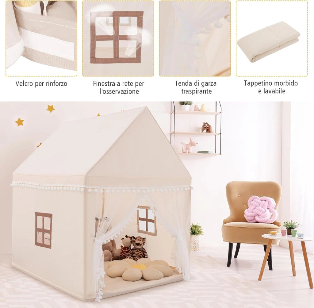 Tenda da Gioco Casetta per Bambini, Castello Giocattolo in Legno Cotone, con Struttura Stabile e Finestre Traspirabili, 105x120x140 cm (Beige)