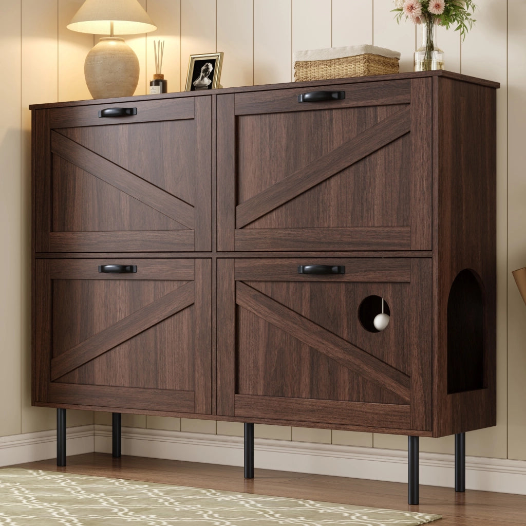 Scarpiera con 4 Ante di cui 3 a Ribalta; Gioco per Gatto Integrato; Stile Naturale; in Pannello Truciolare; Noce; 120×28×92 cm