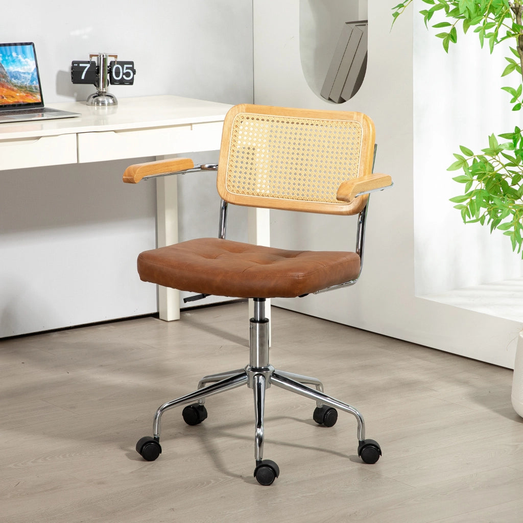 Sedia da Ufficio con Altezza Regolabile e Schienale in Rattan Sintetico ¨C zephmum ¨C Marrone 60x55,5x82-90 cm