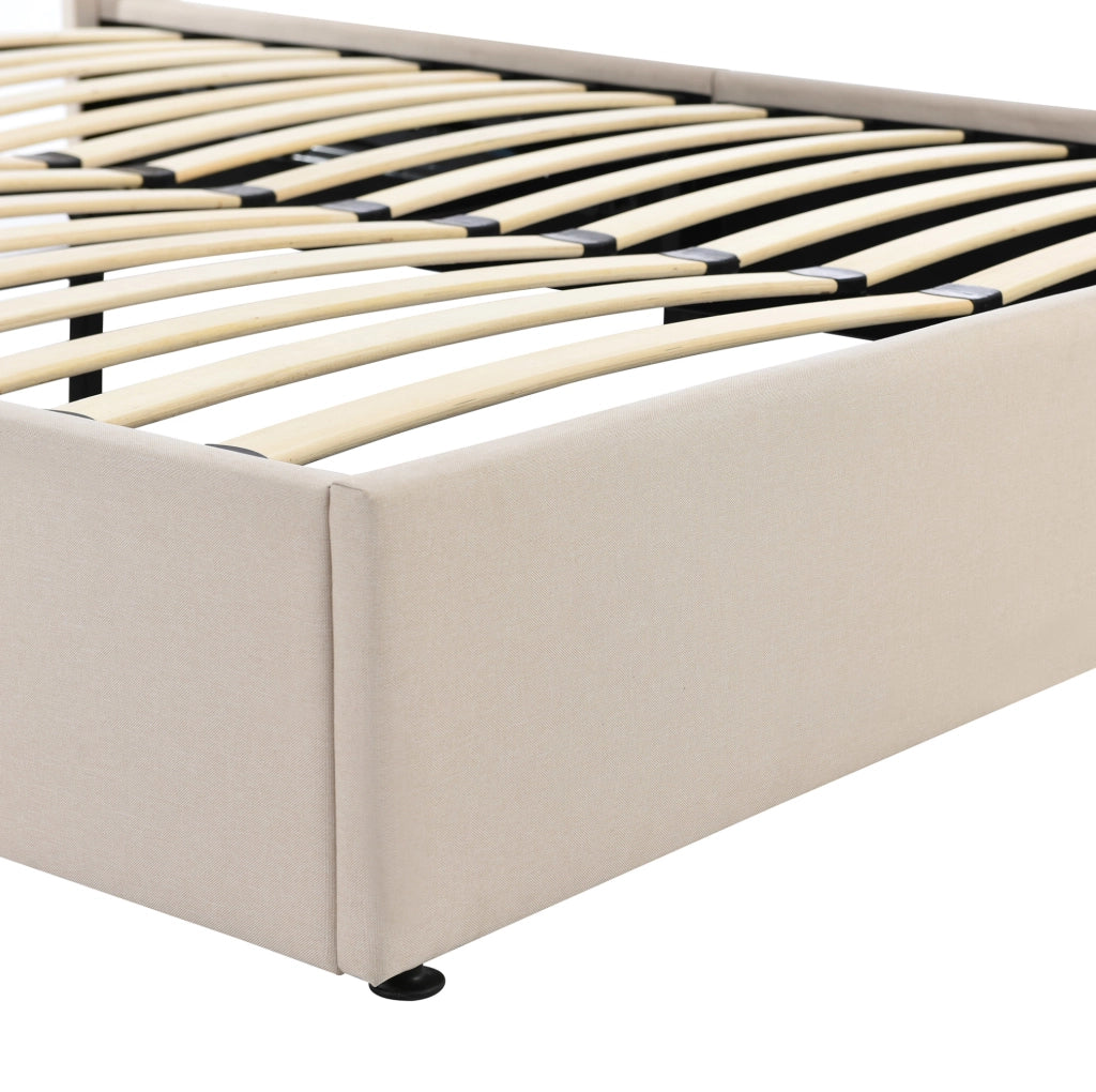 Letto matrimoniale imbottito con contenitore e sistema idraulico 160x200 cm; in lino beige