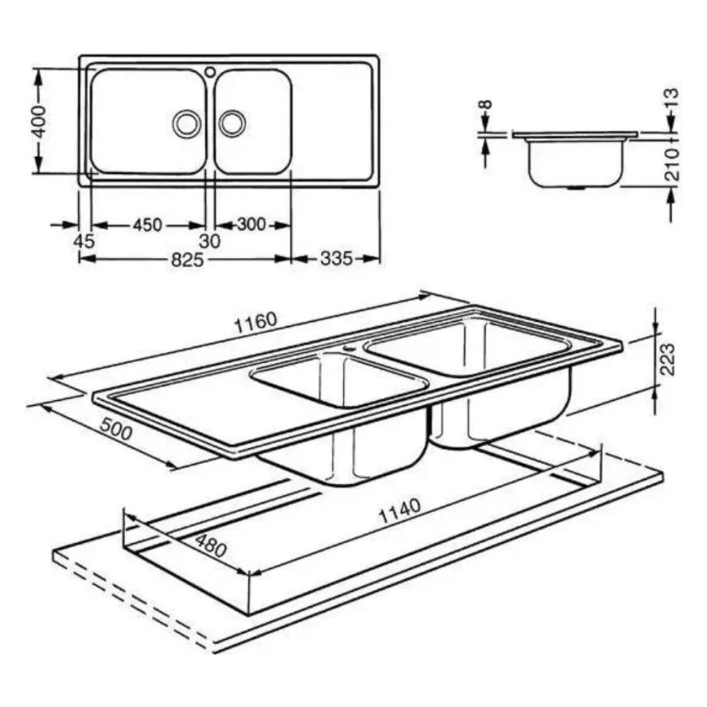 Lavello incasso semifilo 2 vasche e gocciolatoio sinistro 116x50 Smeg LGM116S inox