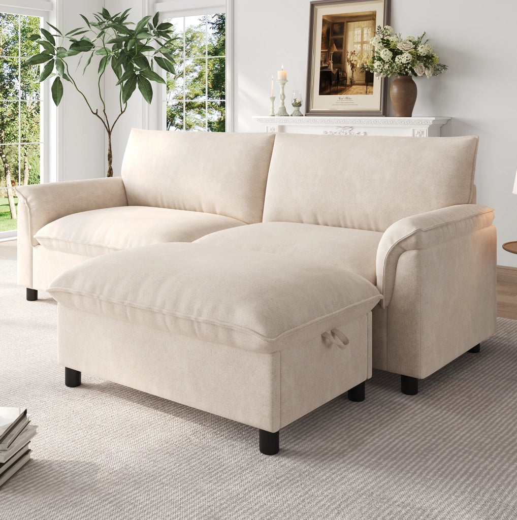 Divano modulare a nuvola con pouf mobile e vano contenitore 216x77x82 cm; chenille beige