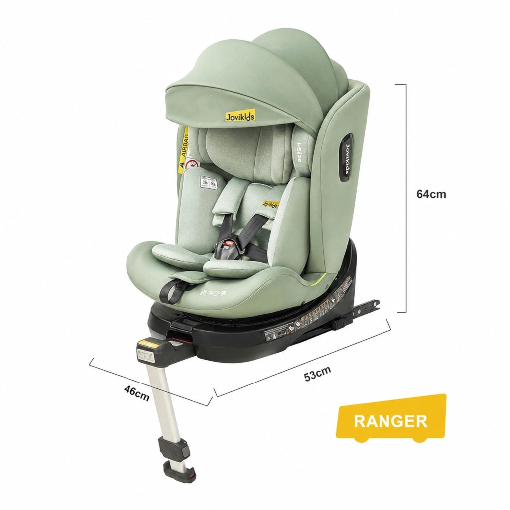 Seggiolino auto per bambini i-Size 360° girevole con ISOFIX, reclinabile e cappottina in tessuto verde