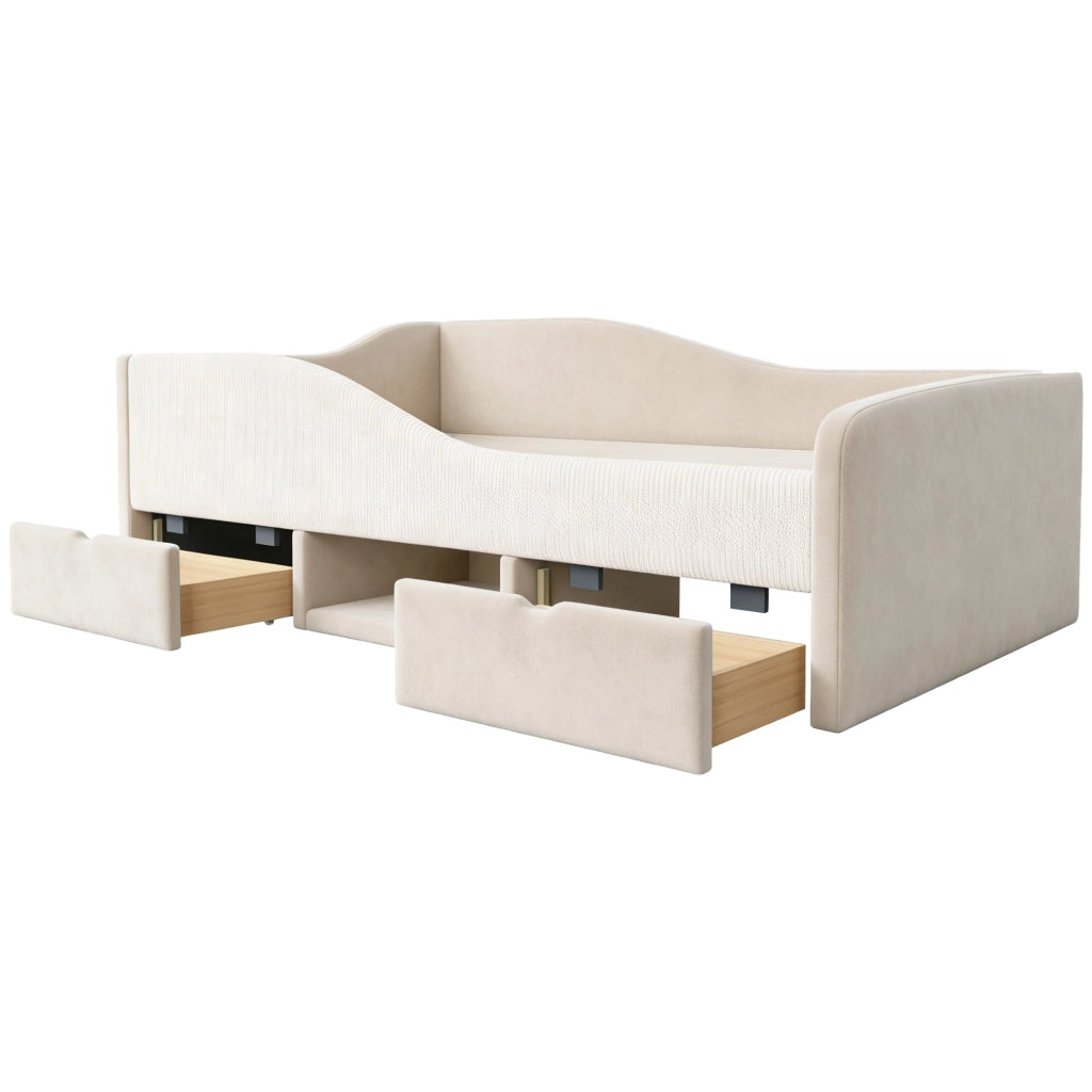 Letto imbottito per bambini con 2 cassetti e recinzioni, 90x190 cm, velluto beige