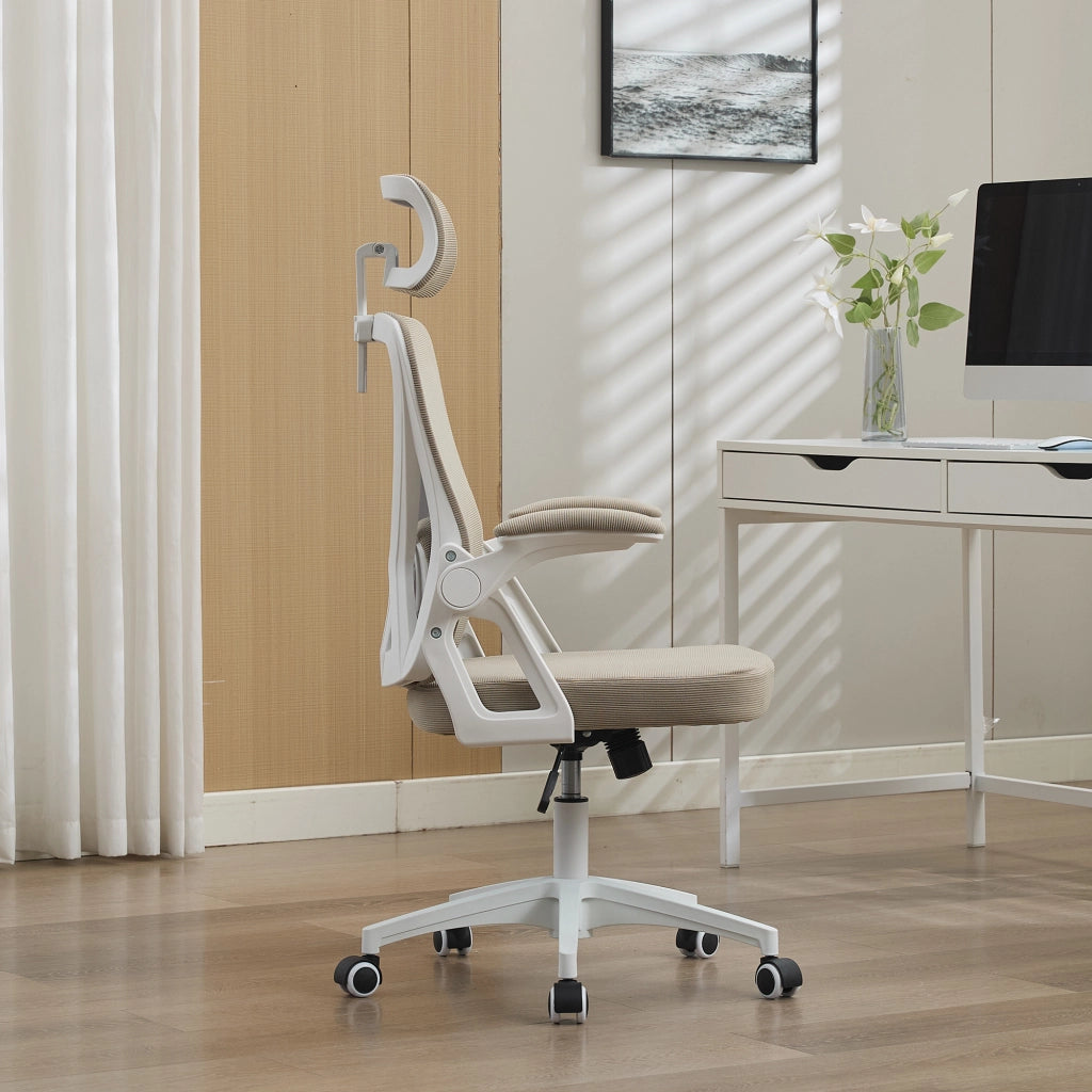 Sedia da ufficio ergonomica in rete traspirante con braccioli ribaltabili e altezza regolabile, in tessuto imbottito kaki