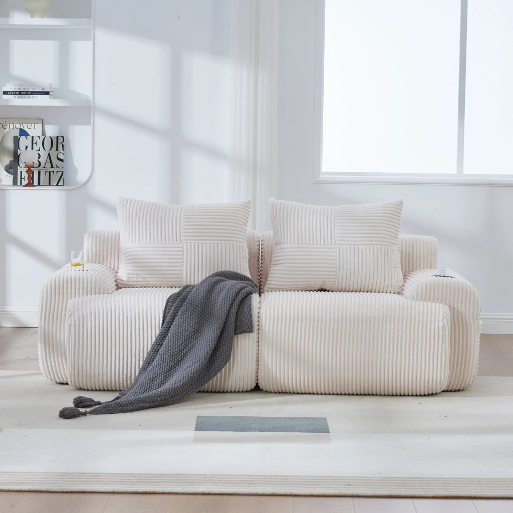 Divano modulare 2 posti con portabicchieri e tasca laterale ergonomico in velluto a coste beige 200 × 99 × 80 cm