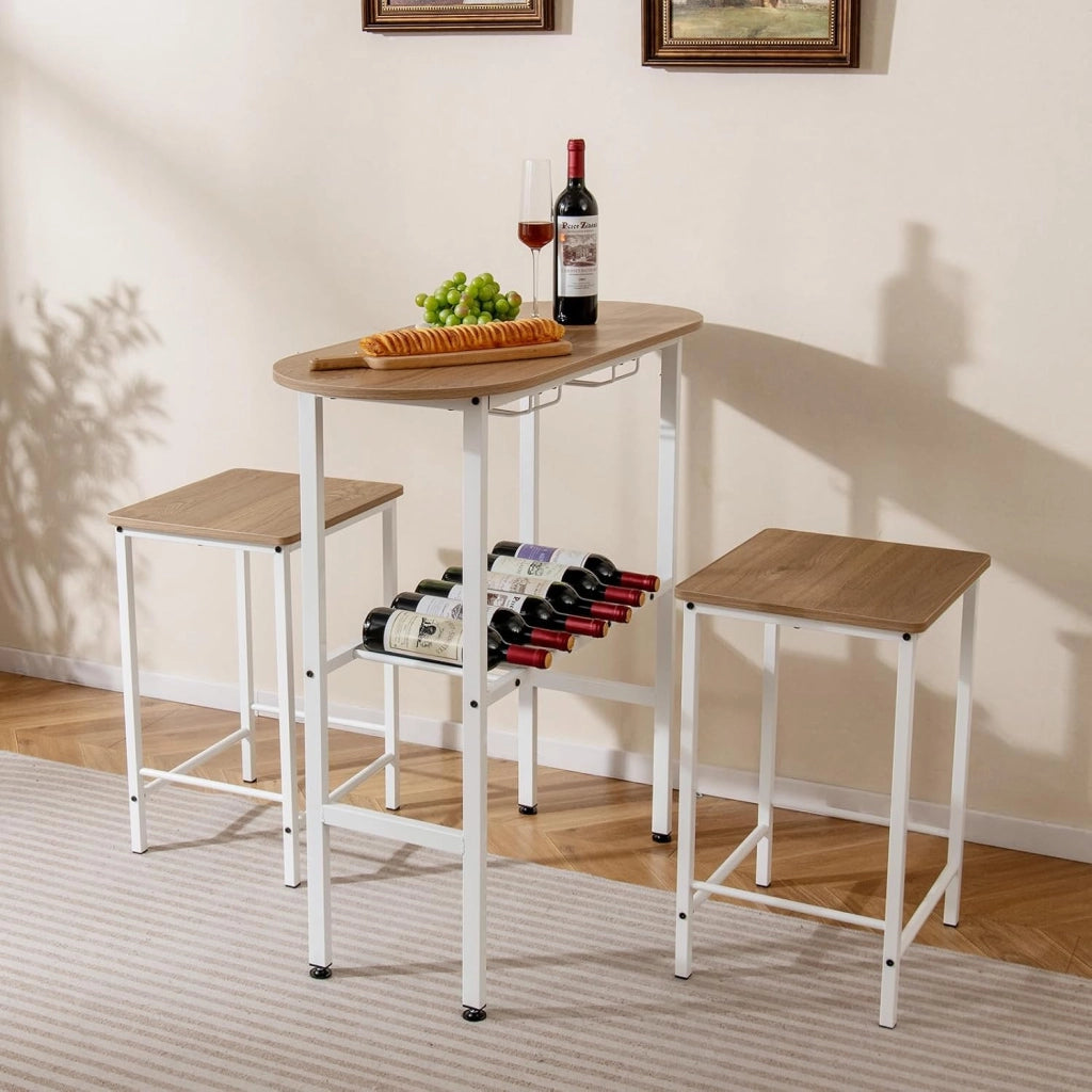 Tavolo da Pranzo con 2 Sgabelli, Tavolino e Sedie con Portabottiglie, Poggiapiedi e Struttura in Metallo, Mobili da Cucina per Bar, Bistro e Soggiorno (Naturale e Bianco)
