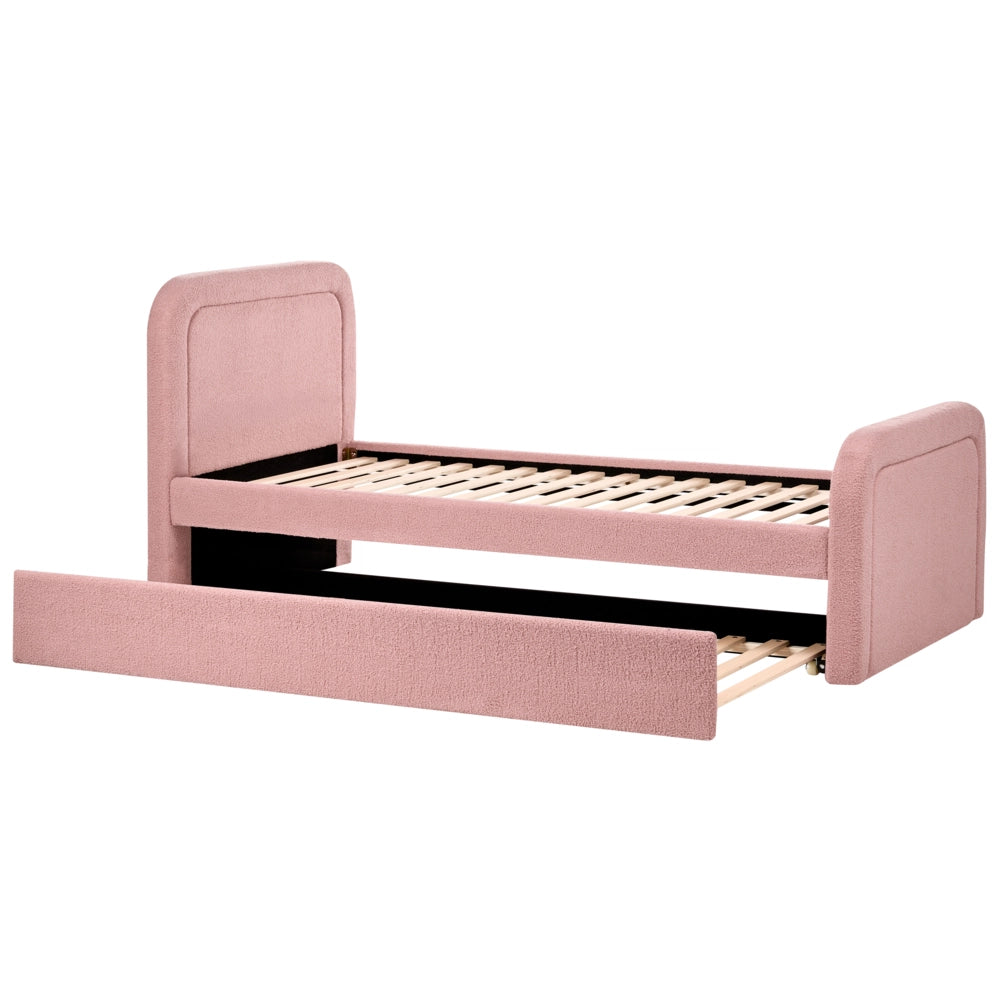 Letto singolo con secondo letto a scomparsa in tessuto Boucle 90 x 200 cm con rete a doghe rivestimento trapuntato rosa camera da letto cameretta