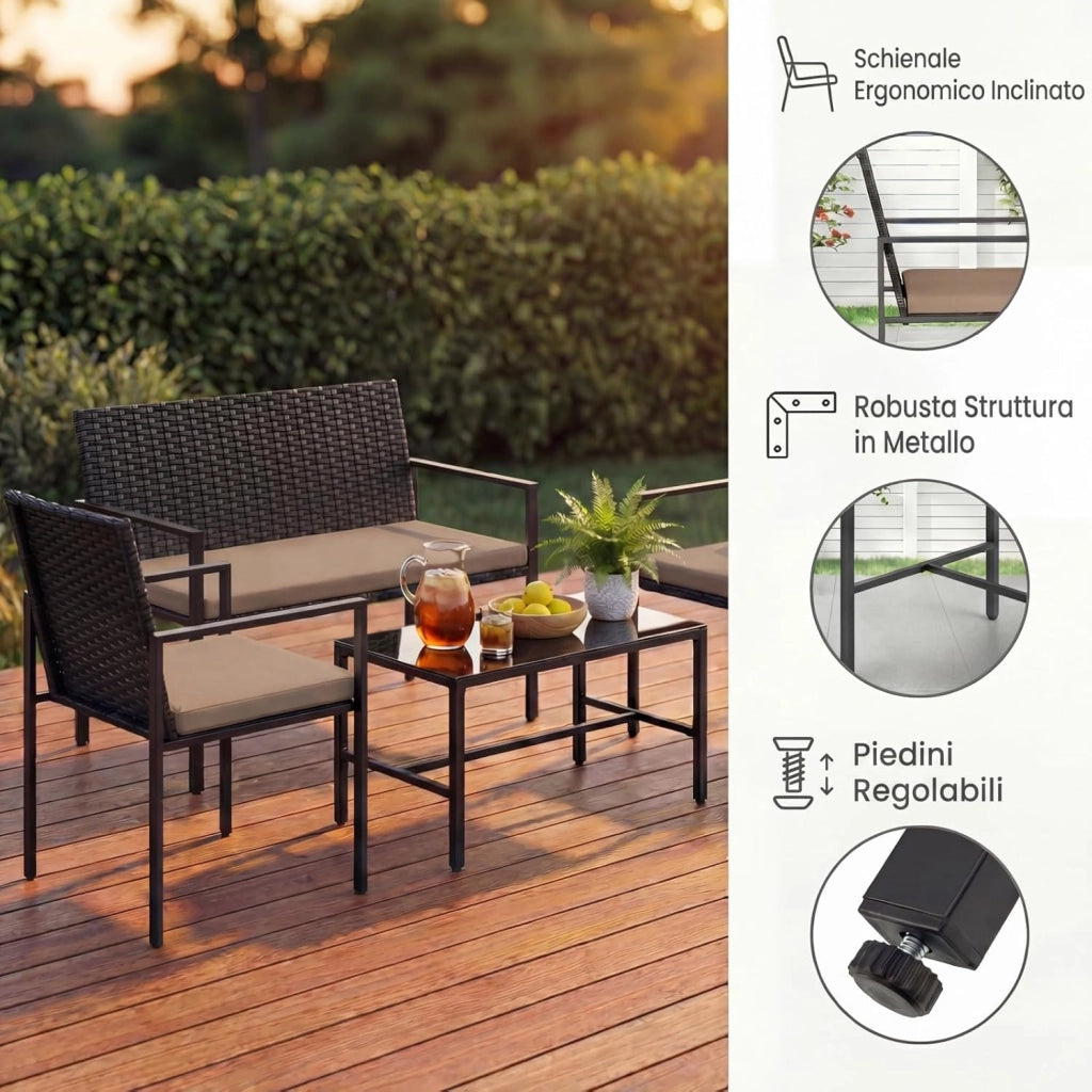 Set Salotto da Giardino in Rattan 4 Pezzi, Set Mobili da Eterno con 2 Poltrone, Divano a 2 Posti, Tavolino con Piano in Vetro Temperato e Comodi Cuscini per Cortile, Bordo Piscina (Marrone)