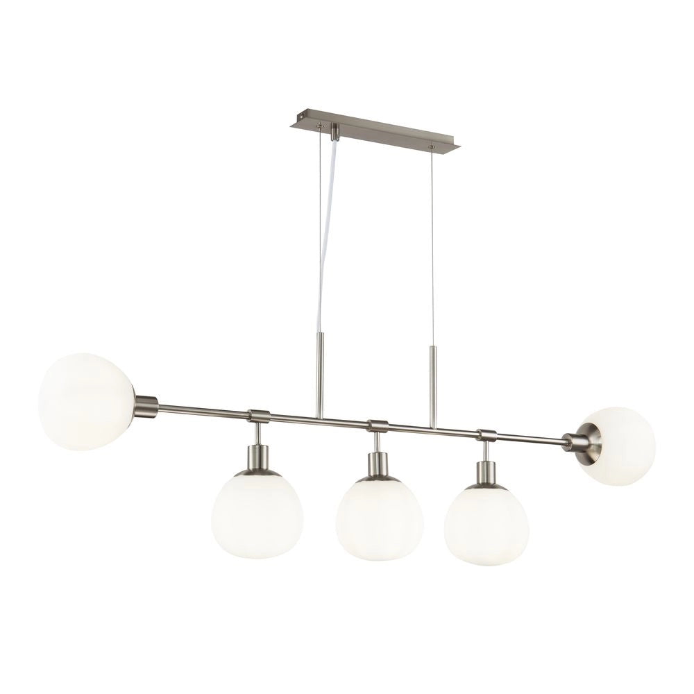 Lampadario Sospensione Erich Metallo Nichel 5 Luci E Diffusori Bianchi