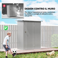 Capanno Porta Attrezzi 142x86x189 cm con Tetto Inclinato e Porta Bloccabile in Metallo Argento