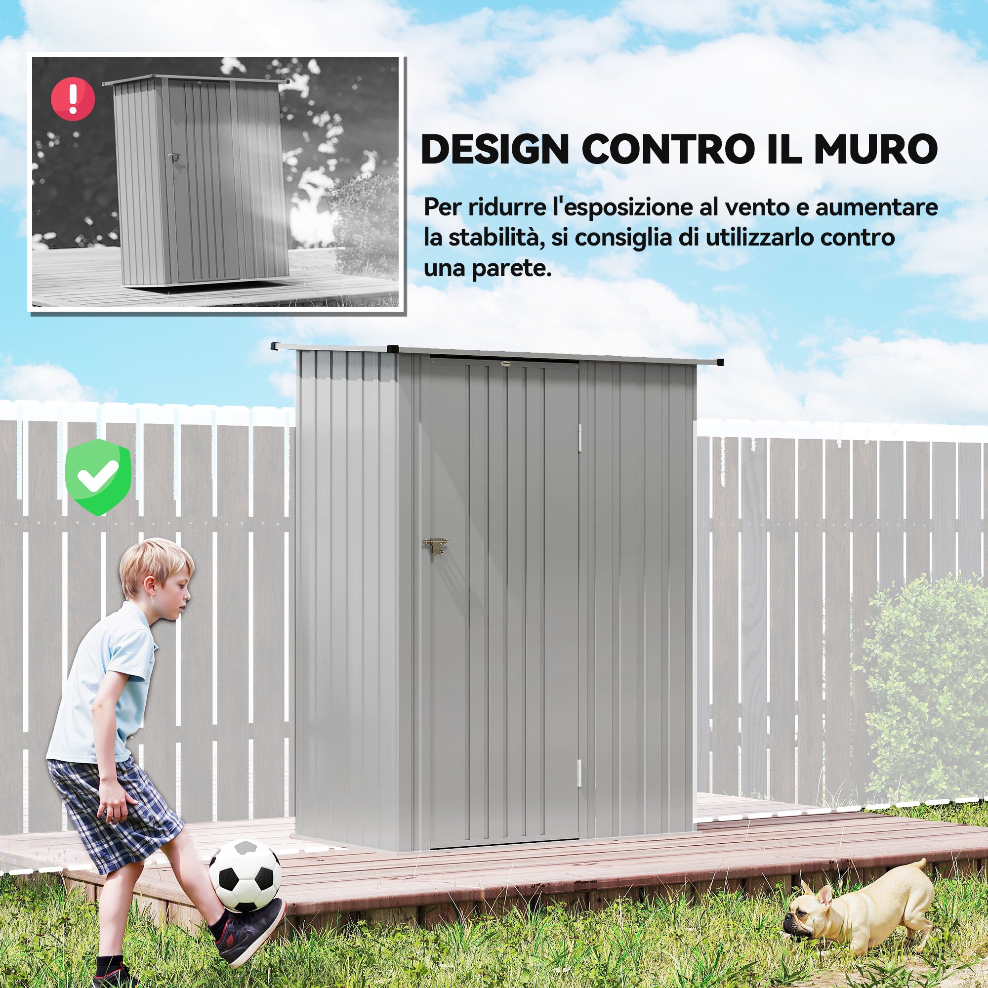 Capanno Porta Attrezzi 142x86x189 cm con Tetto Inclinato e Porta Bloccabile in Metallo Argento