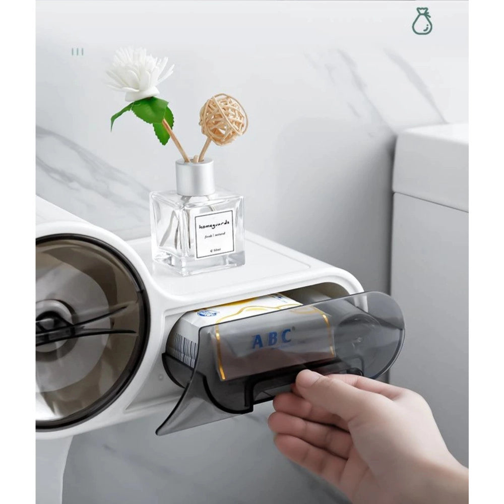 Trade Shop - Porta Rotolo Carta Igienica Con Cassetto Multifunzione Adesivo A Parete Bagno -