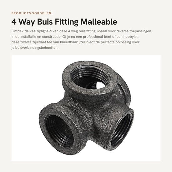 Buis di accoppiamento 4 vie - Lato di uscita nero - Fusto femminile - Connettore di tubo - Acciaio deformabile - 2,5 cm - Resistente alla corrosione - Connettore di tubo