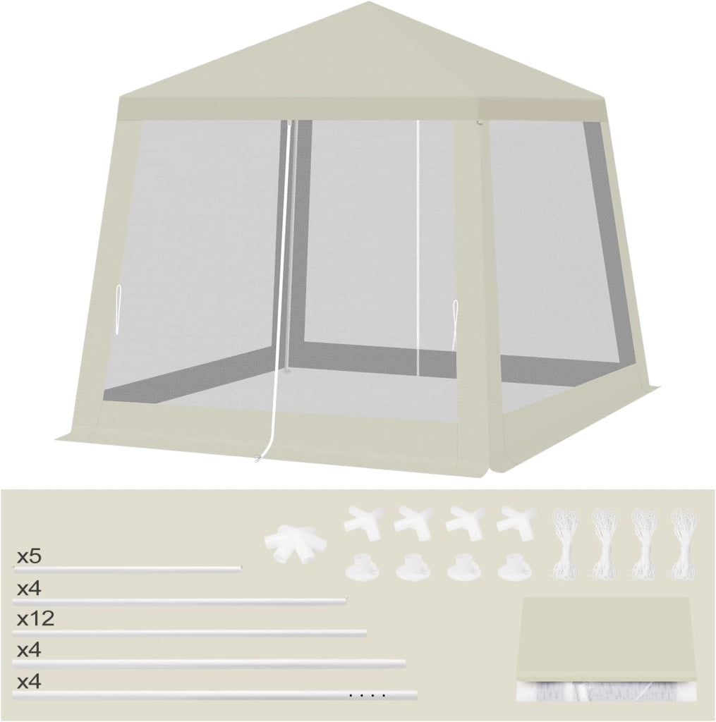 Gazebo 3x3 Pieghevole Idrorepellente, Pergolato da Giardino, Gazebo da Esterni, con Pareti Laterali a Zanzariera, per Campeggio, Feste, Beige