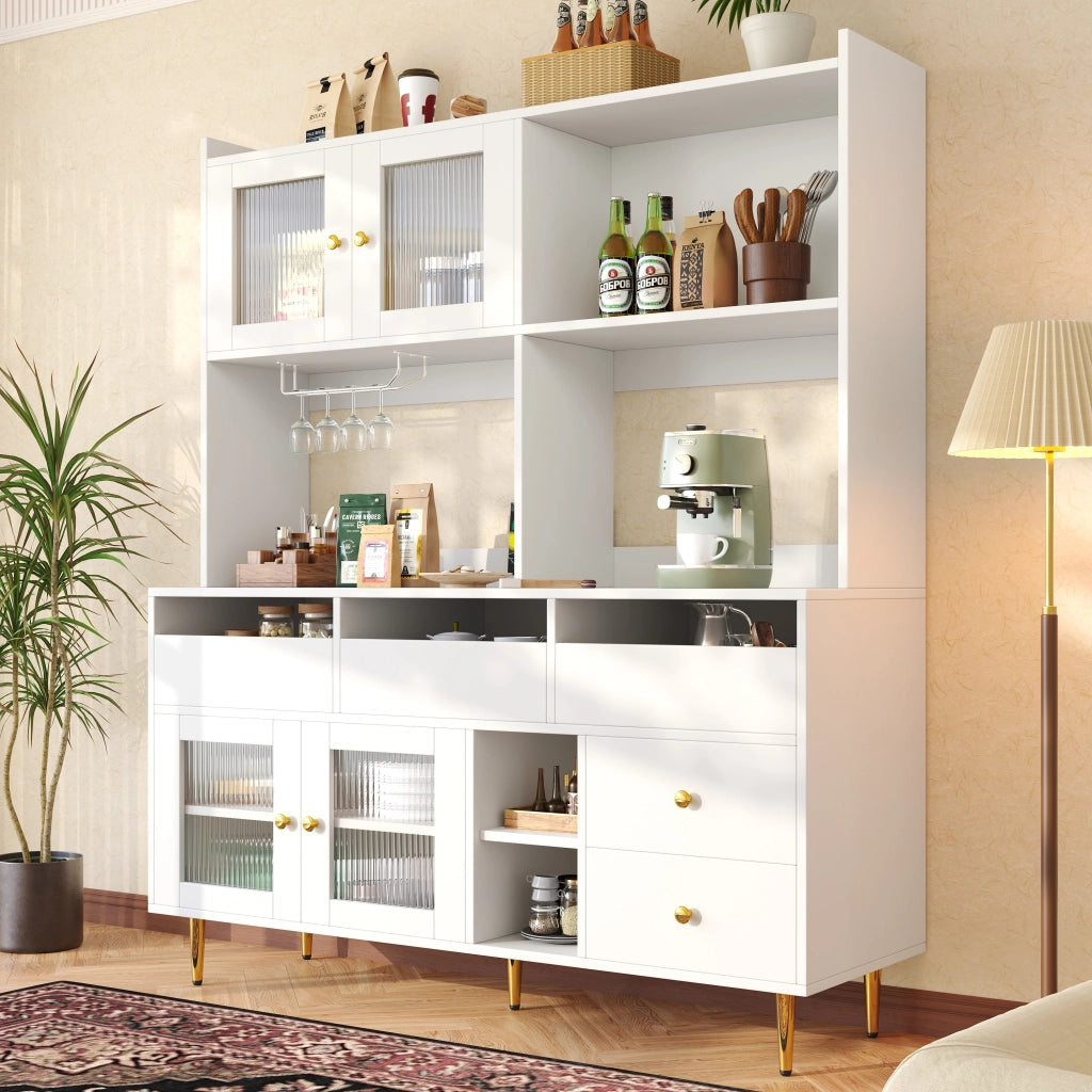 Credenza Alta da Cucina con Ante in Vetro Rigato; Cassetti e Portabottiglie; in MDF; 145x39x171 cm; Bianco