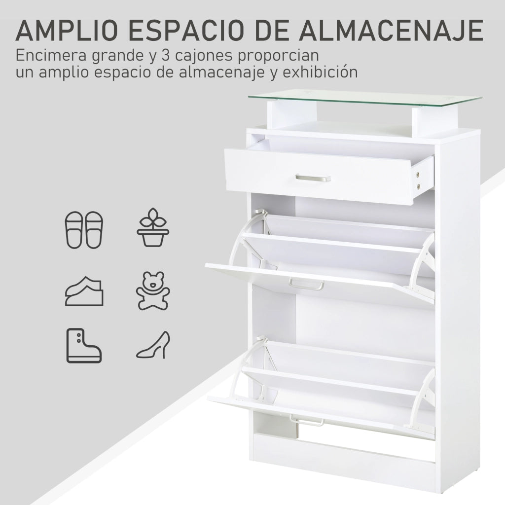 Armadio Scarpiera con Cassetti e Ripiano in Vetro ¨C Zephmum ¨C Bianco 60x24x105,5 cm