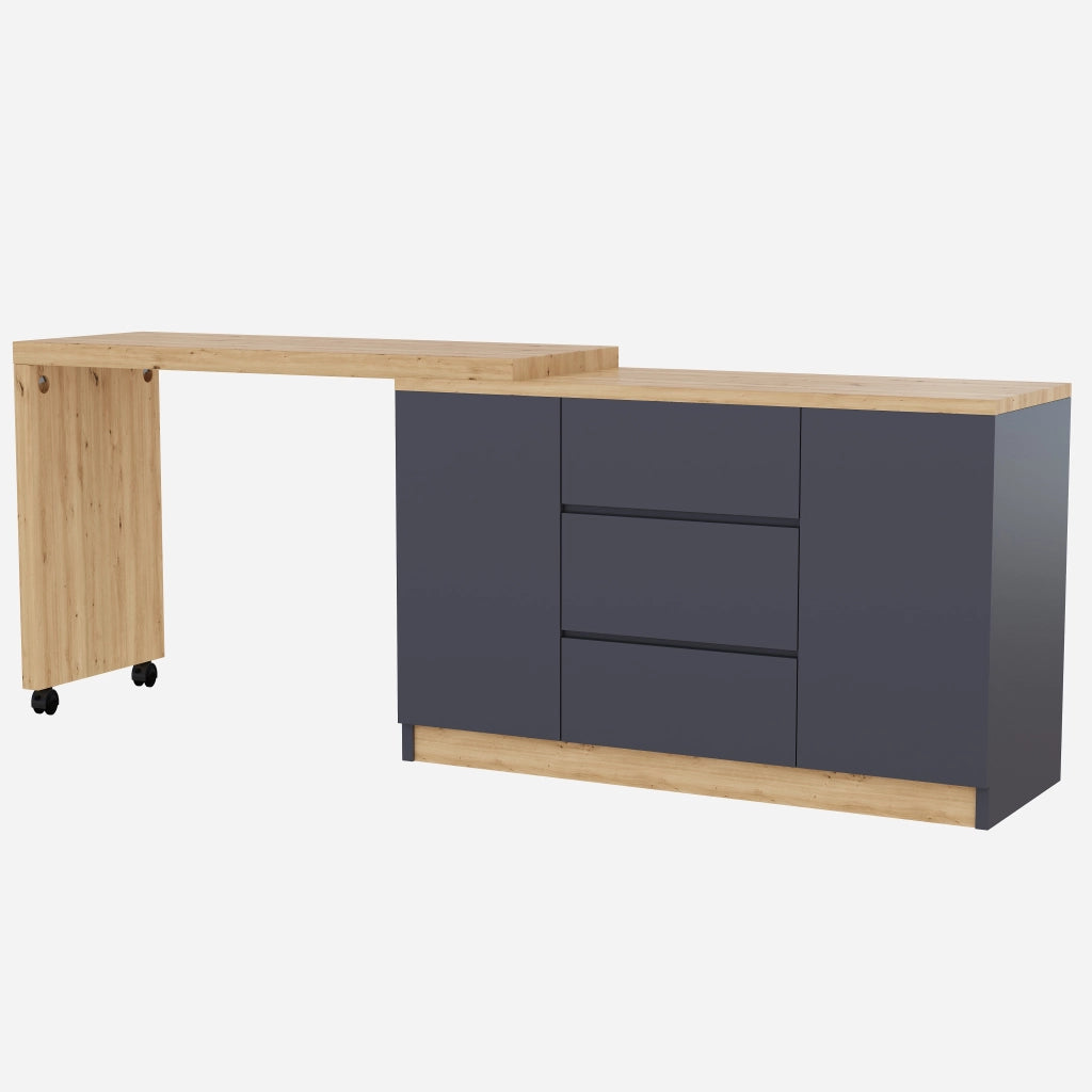 Scrivania pieghevole multifunzionale con 2 ante e 3 cassetti su ruote con freno in grigio quercia 120 × 50 × 76,5 cm