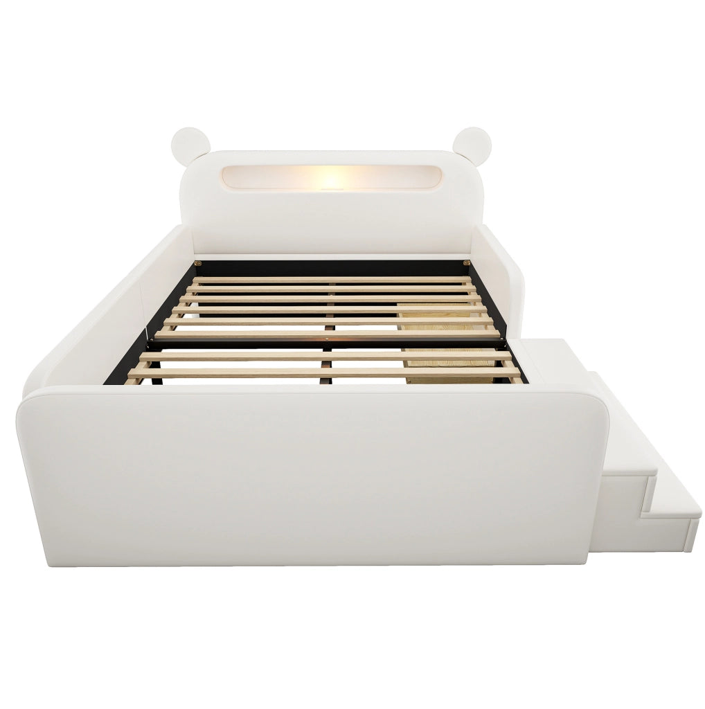 Letto imbottito per bambini 140x200 cm con testiera a orsetto, luce notturna e USB bianco