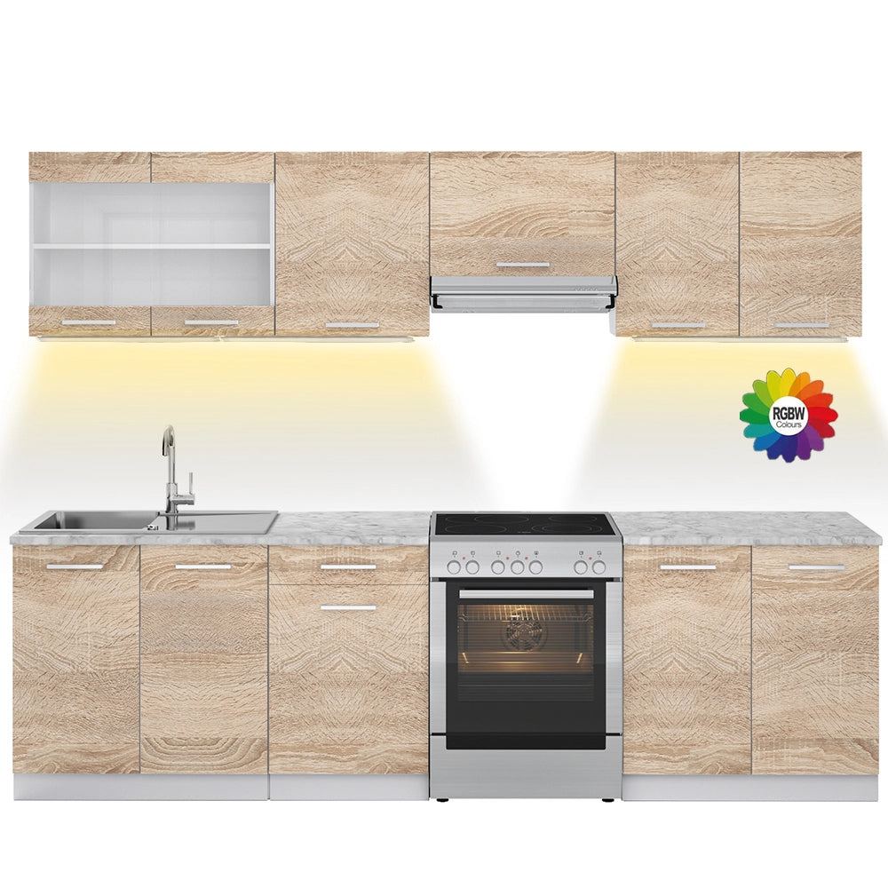 Mobile da cucina Raul Sonoma/Bianco 270 cm, PL Marmo con striscia LED Vicco