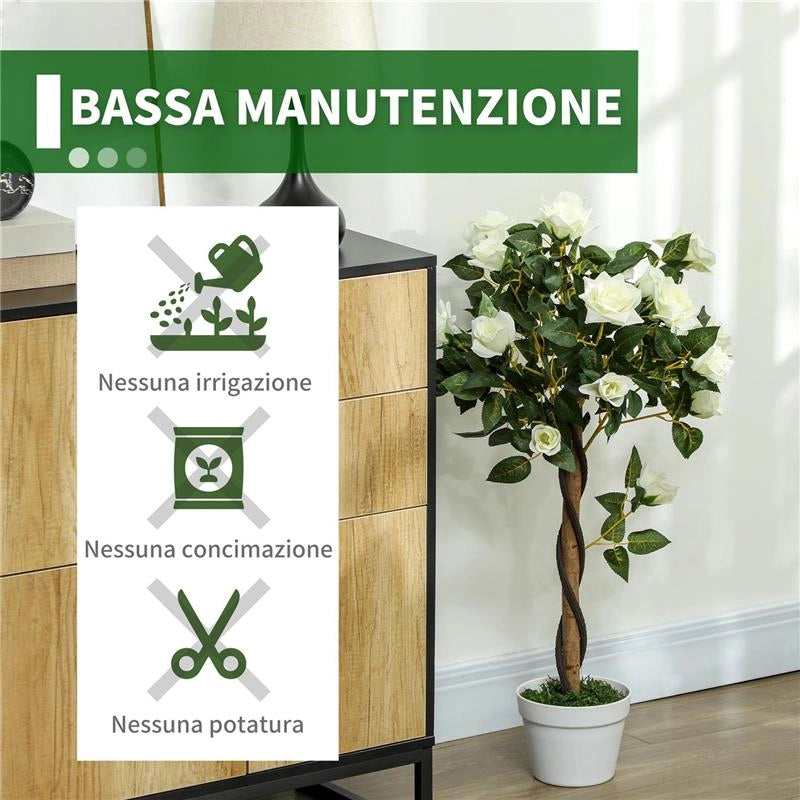 PIANTA FINTA DI ROSA DA 21 FIORI CON VASO RIEMPITO IN CEMENTO E MUSCHIO, Ï18X90 CM, BIANCO