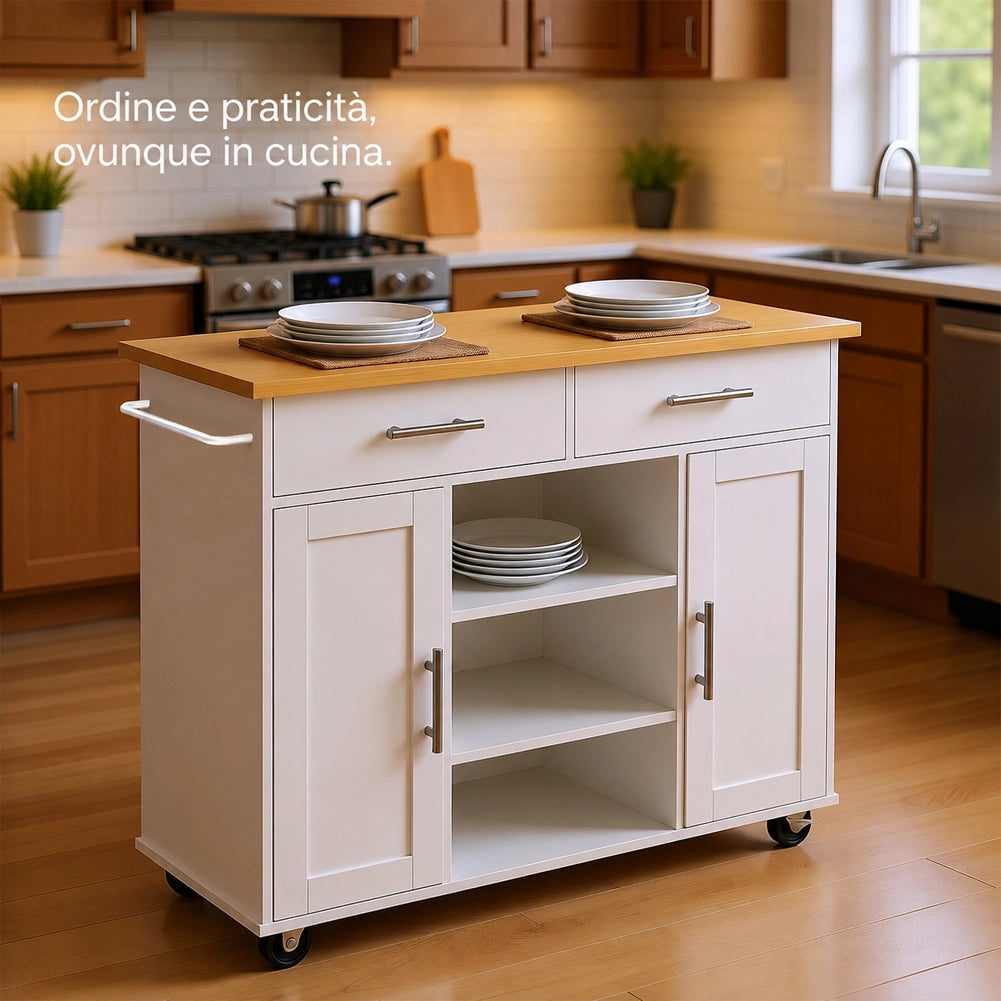Isola da Cucina con Ruote e Top Quercia Mobile con Cassetti Bianco 90x46x100cm