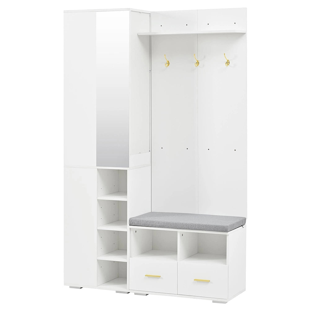 Vestiaire completo con specchio - Xylo - 120x35x190 cm - Bianco - Panca scarpe e 3 ganci
