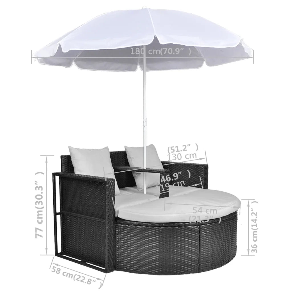 Lettino da Giardino con Ombrellone Nero in Polyrattan 40735