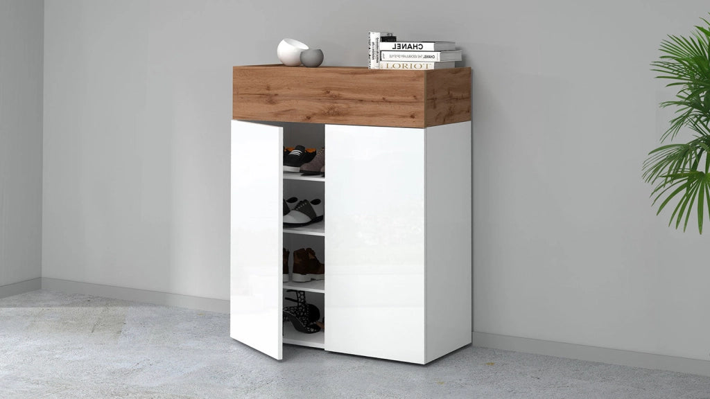 Scarpiera 2 Ante e 1 Ripiano a Ribalta 76x35x100 cm Savona 2A 1R Bianco Opaco/Rovere Wotan