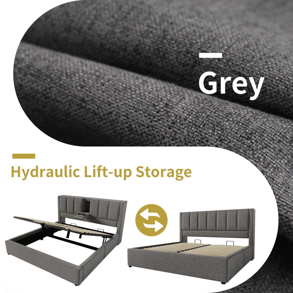 OKWISH Letto Contenitore 140×190 cm, Letto Matrimoniale con Stazione di Ricarica USB, Tipo C e Portabicchieri, senza Materasso, in Lino Grigio