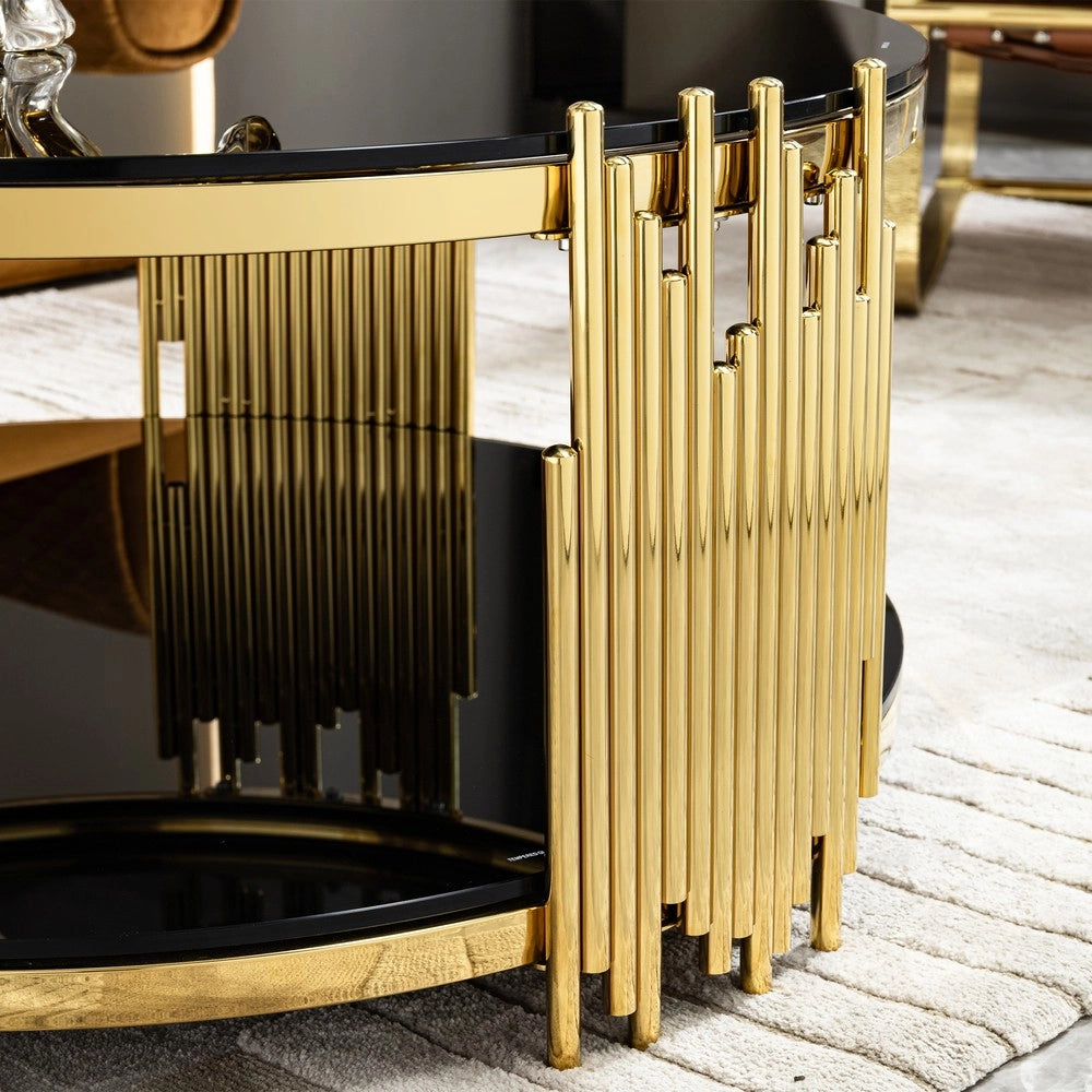 Tavolino da Caff¨¨ Rotondo in Vetro ¨C MINIMAL ¨C Nero, Struttura in Acciaio Dorato