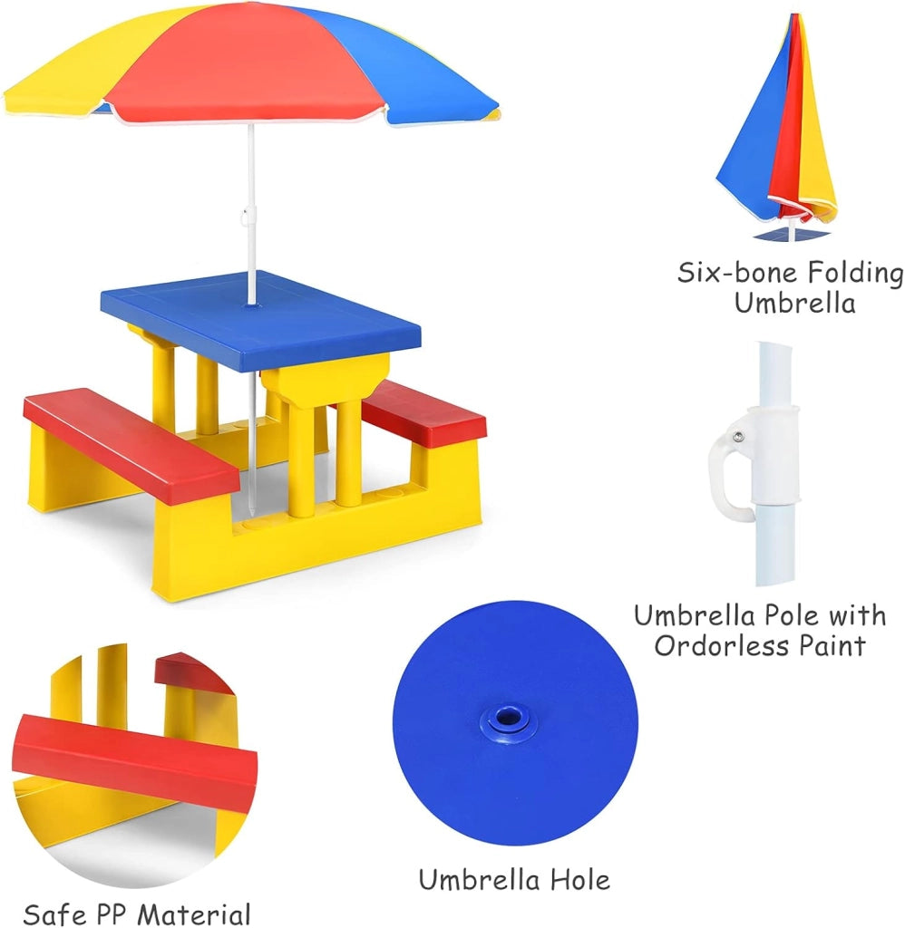 Tavolo da Picnic, Set di Tavolo e Sedie per Bambini con Parasole Pieghevole per Giardino/Terezzo/Parco, Bambini più di 3 Anni (Giallo + Rosso + Blu)