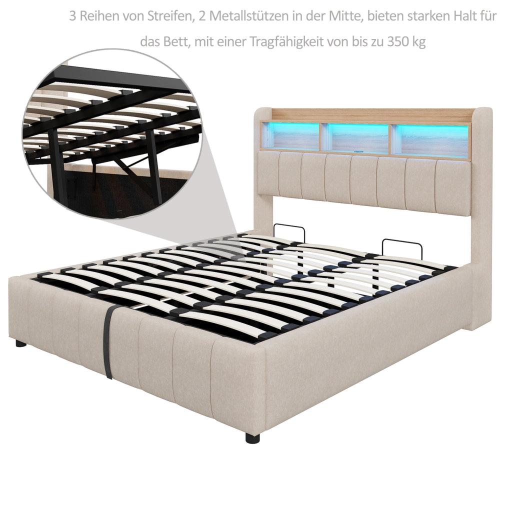 Letto imbottito 180x200 cm con LED; USB e Type-C; contenitore idraulico; testiera con vani; beige