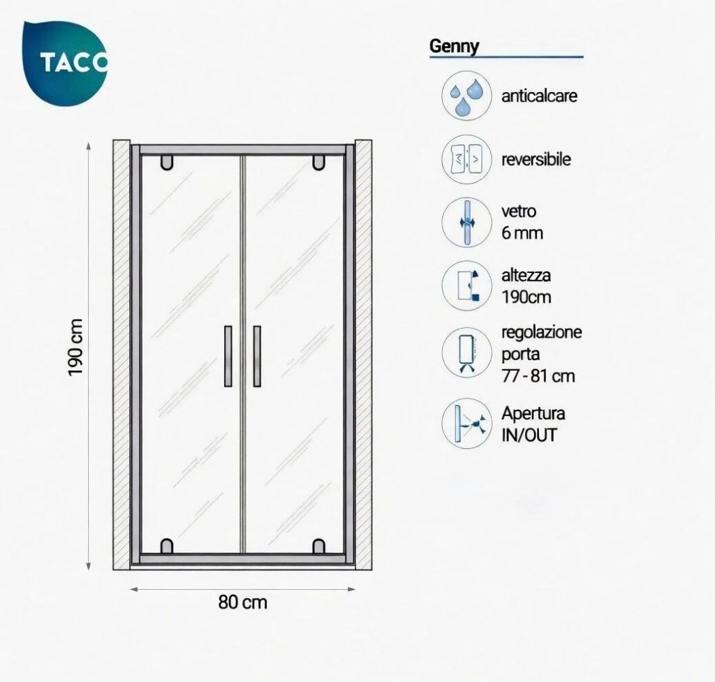 Box doccia nicchia 80 cm porta due battenti H190 cm GENNY - Cromato Lucido