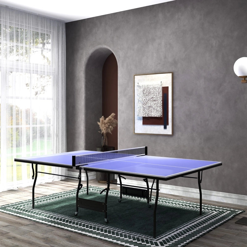 Tavolo da ping pong pieghevole con rete, 2 racchette e 3 palline, piano in MDF, blu