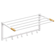 PORTASCIUGAMANI A PARETE PIEGHEVOLE CON 5 BARRE E 6 GANCI IN LEGNO E ACCIAIO, 60X32.5X20 CM, BIANCO