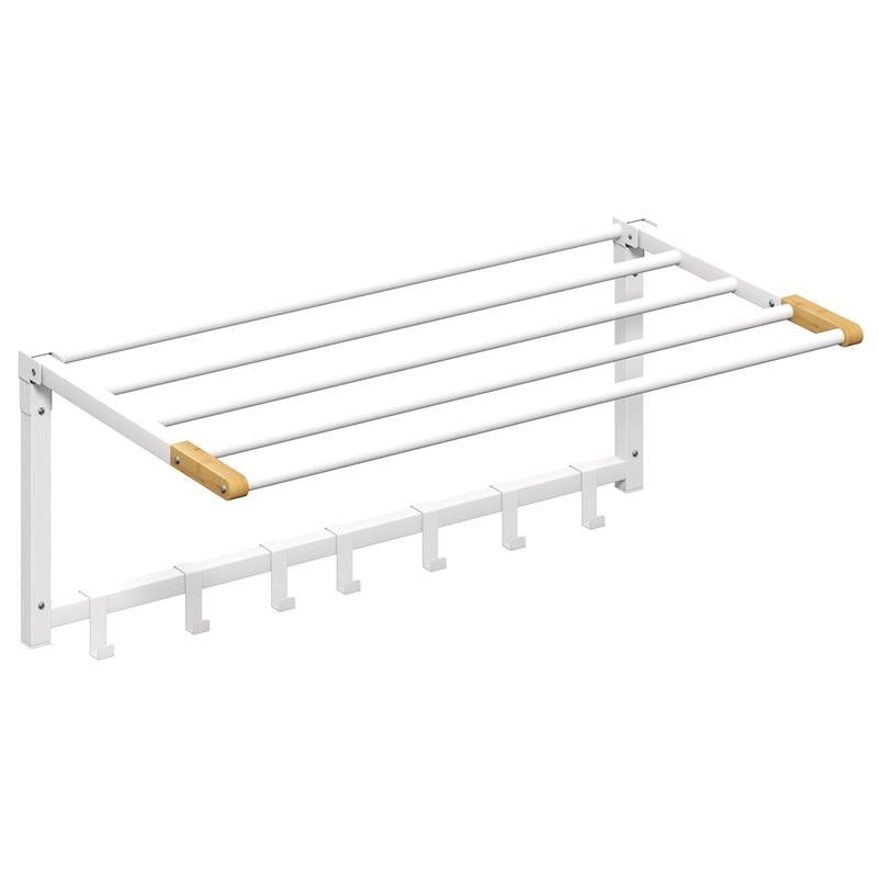 PORTASCIUGAMANI A PARETE PIEGHEVOLE CON 5 BARRE E 6 GANCI IN LEGNO E ACCIAIO, 60X32.5X20 CM, BIANCO