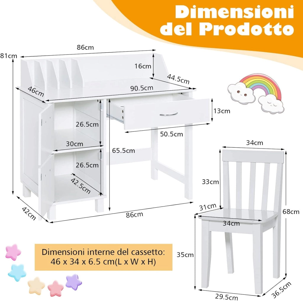 Set di Scrivania e Sedia per Bambini, Scrivania per Bambini con Cassetto e Armadietti, Ideale per Camera da Letto Sala Studio, 90,5 x 46 x 81 cm (bianco)