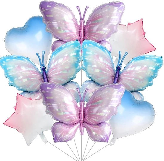 Set di palloni per feste - 2 palloni a forma di farfalla blu/2 palloni a forma di farfalla viola - 2 palloni a stella - 2 palloni a forma di cuore - Materiale di alta qualità in alluminio - Decorazione per feste - Palloni per feste