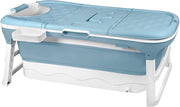Vasca da bagno pieghevole per adulti, 128 x 60 x 53 cm, con copertura e cestino, mobile pieghevole, autoportante per bagno, doccia e balcone, blu