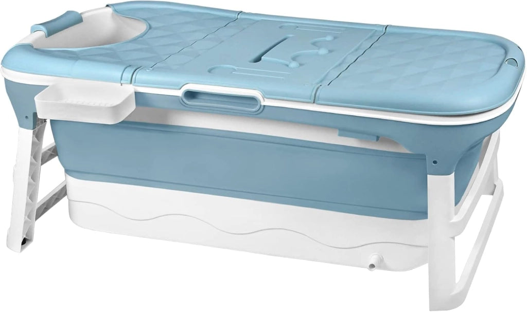 Vasca da bagno pieghevole per adulti, 128 x 60 x 53 cm, con copertura e cestino, mobile pieghevole, autoportante per bagno, doccia e balcone, blu