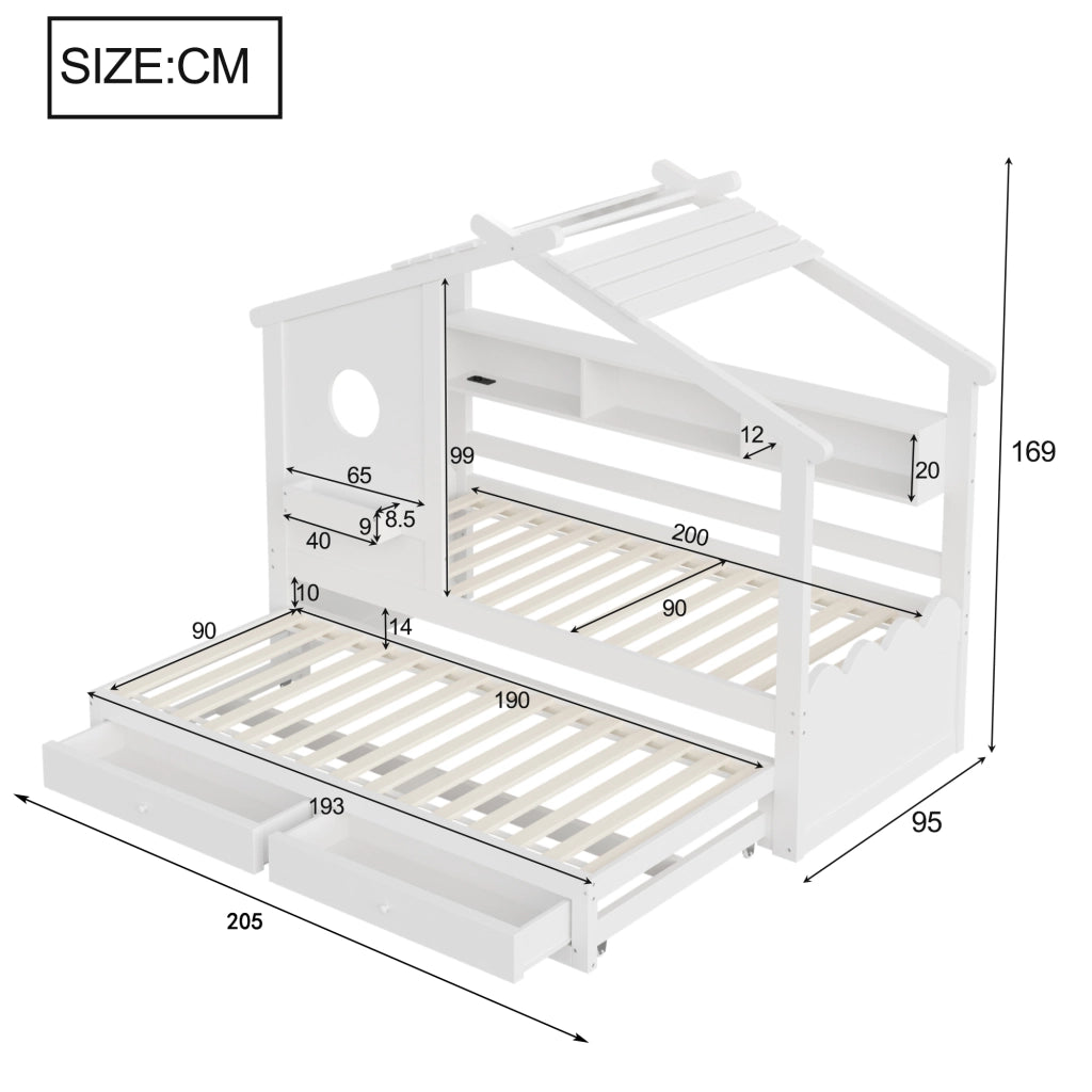 Letto Bambini con Letto Estraibile ¨C MINIMAL ¨C Bianco, LED, USB, Cassetti, 90x200