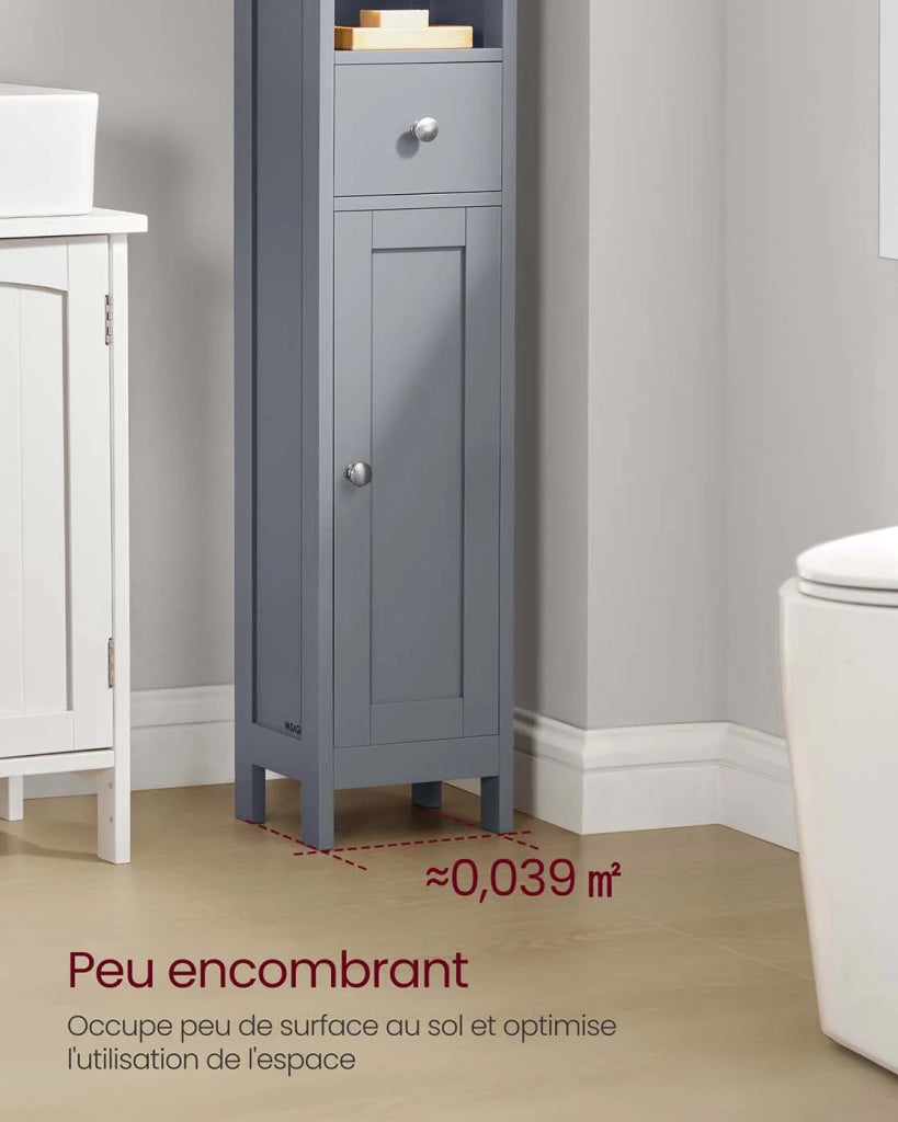 Mobiletto alto da bagno 195 x 214 x 180 cm stretto con ripiani regolabili cassetto e vani a giorno per piccoli spazi grigio moderno 12_0005197