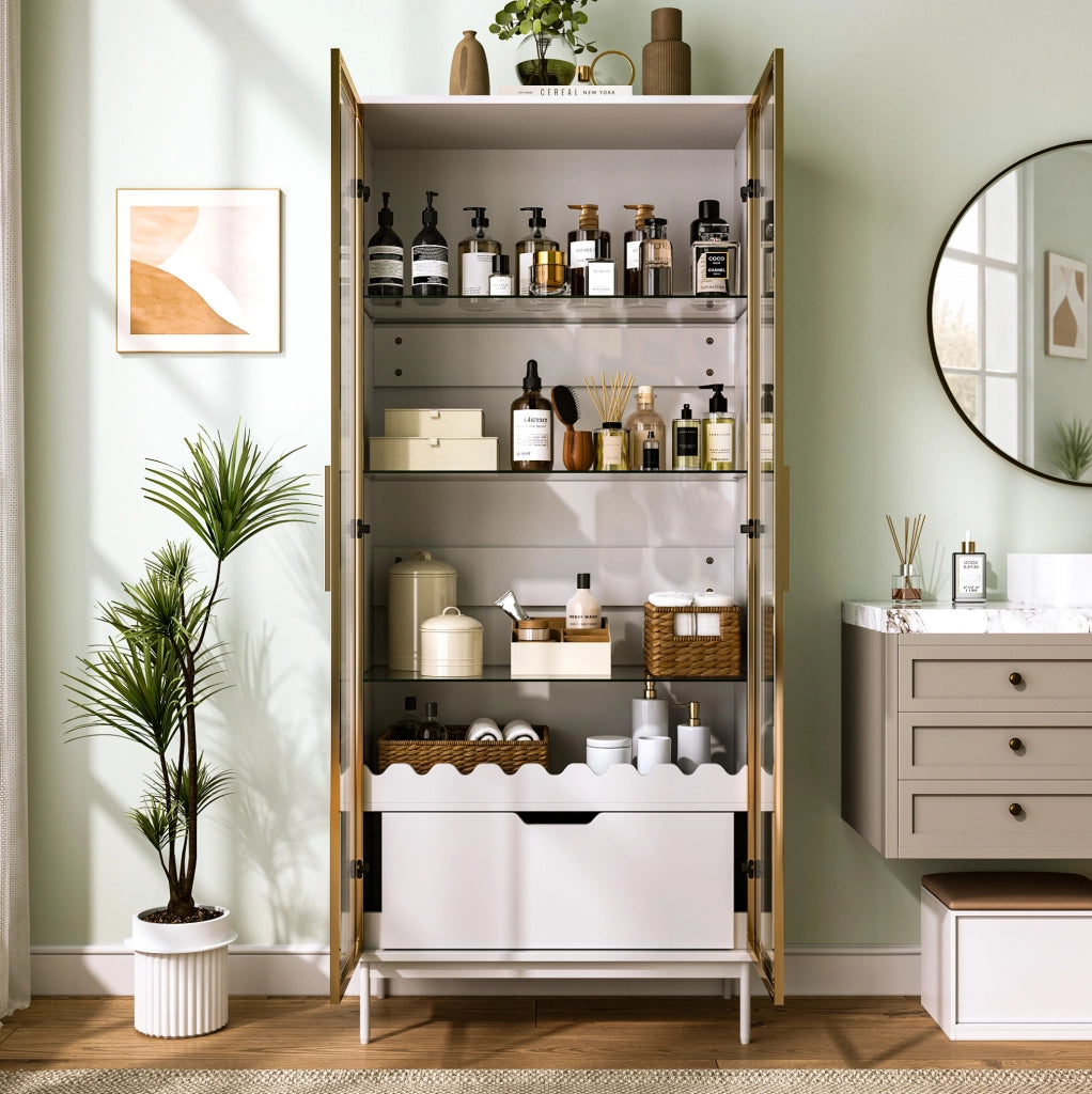 ARMADIO ALTO con ripiani regolabili, cassetto, Gold e White, MDF